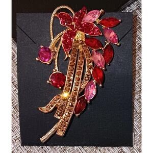 Napier Gold Tone Brooch Pin Ruby Red Pink Cascading Rhinestone